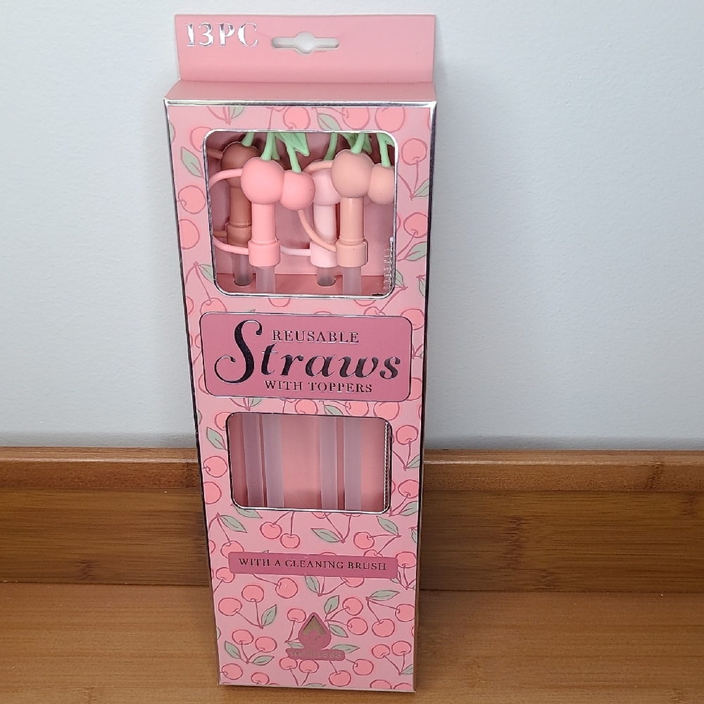4 Reusable Pink Straw Set with Toppers